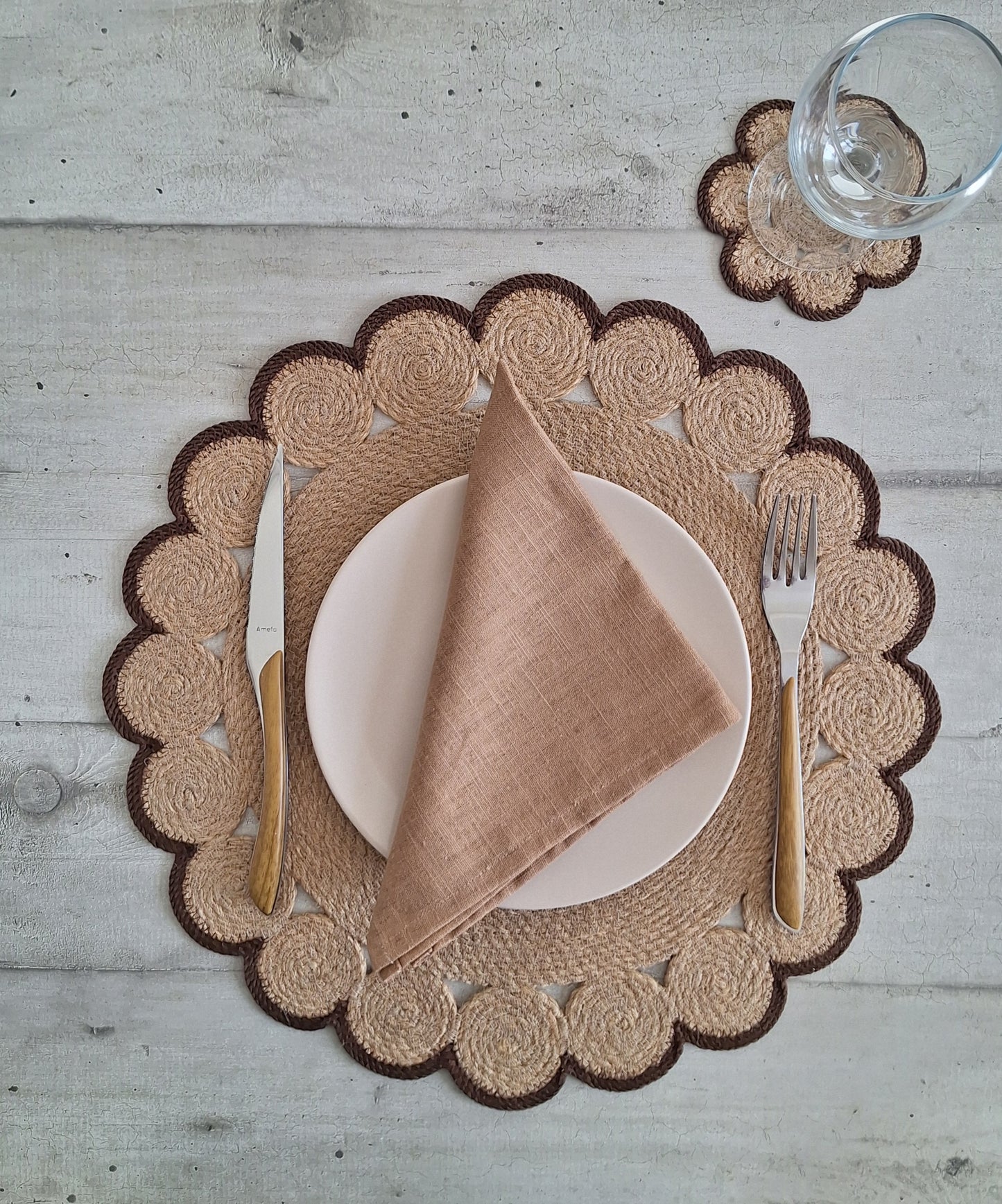 Lot de 2 Sets de table en jute et contour marron