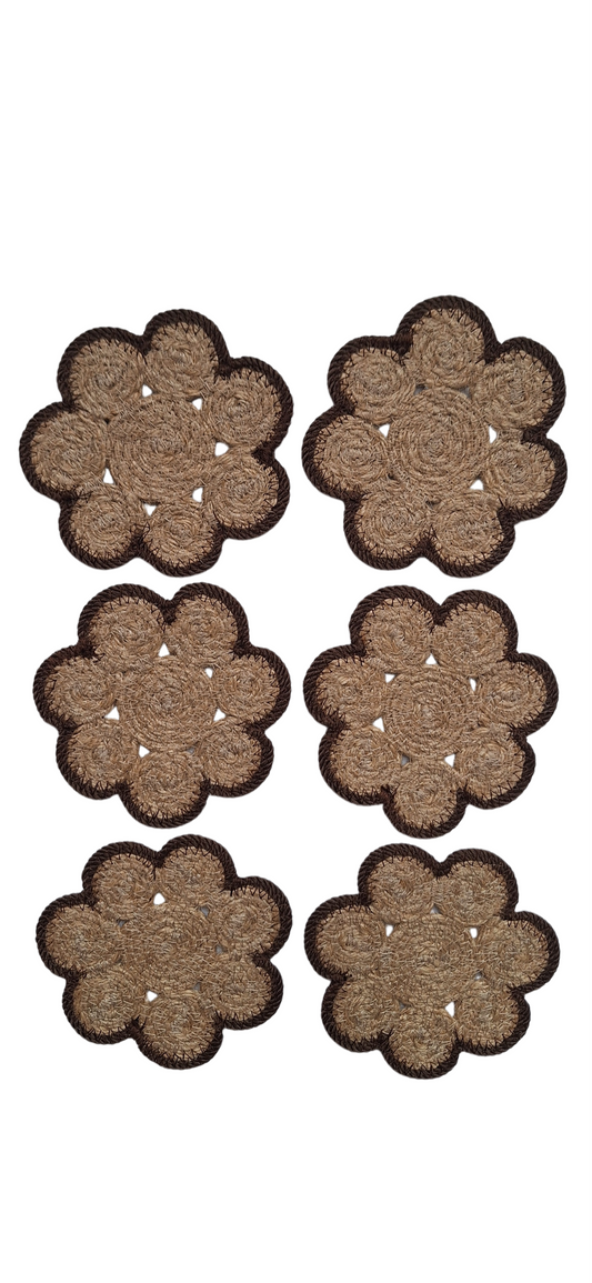 Lot de 6 dessous de verre en jute et contour marron