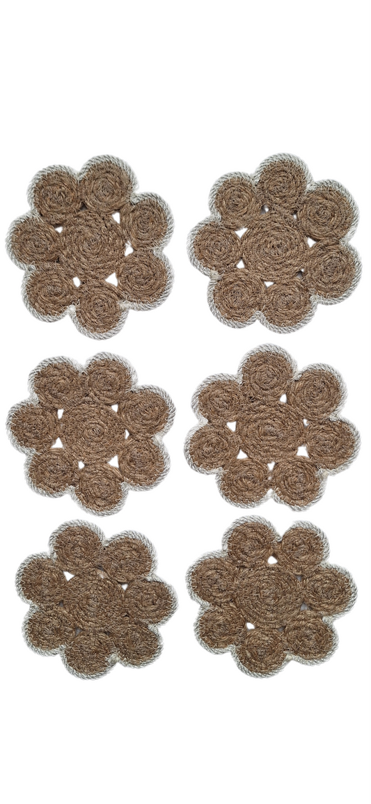 Lot de 6 dessous de verre en jute et contour blanc cassé