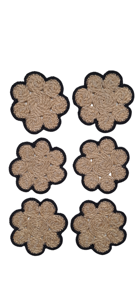 Lot de 6 dessous de verre en jute et contour noir