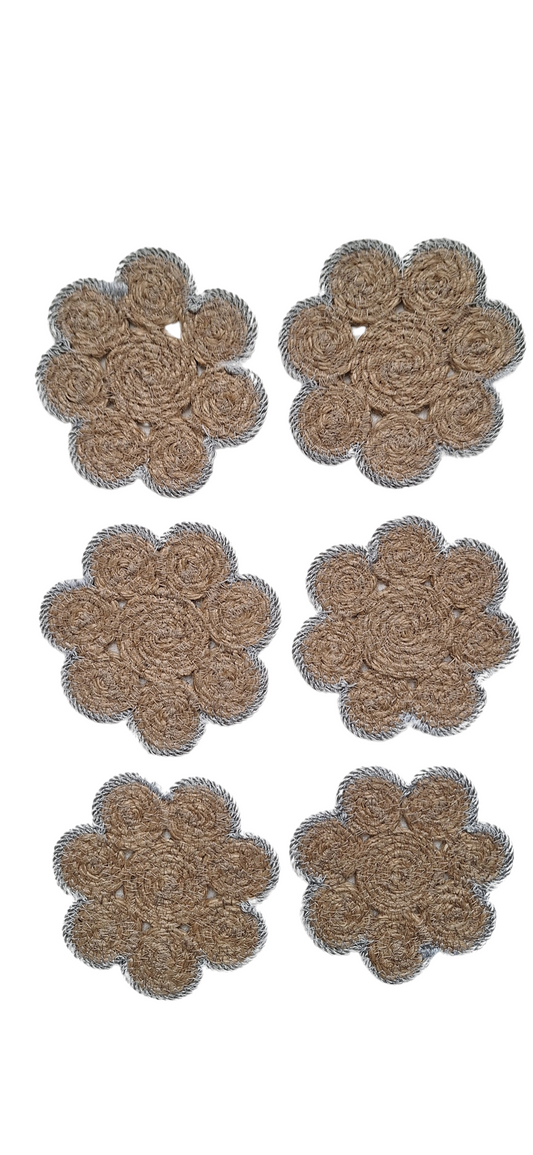 Lot de 6 dessous de verre en jute et contour gris clair