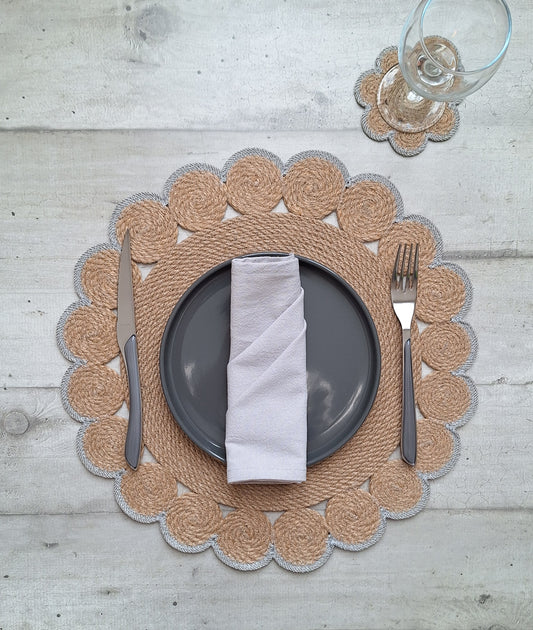 Lot de 2 Sets de table en jute et contour gris